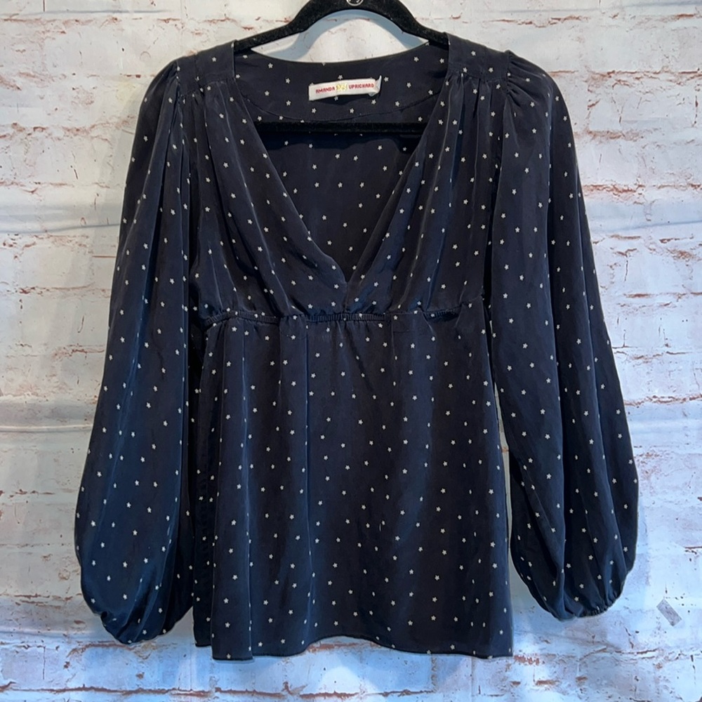Amanda Uprichard Shirt Womens Medium Black White Star V Neck Balloon Sleeve